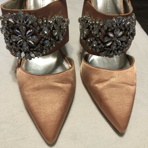 ASOS Shoes SATIN Size 7 Embellished Block Heels.Ankle strap,Pink Papaya Color. - Picture 6 of 8